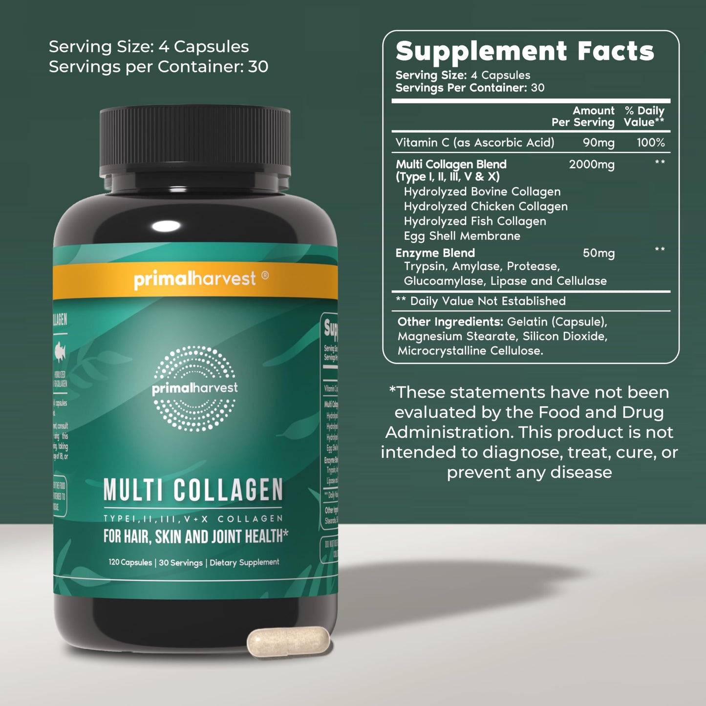 Primal Harvest Multi Collagen Pills for Women and Men (Type I, II, III, V, X) 120 Capsules w/Vitamin C for Hair, Skin, Nails Primal Harvest buy supplements Au