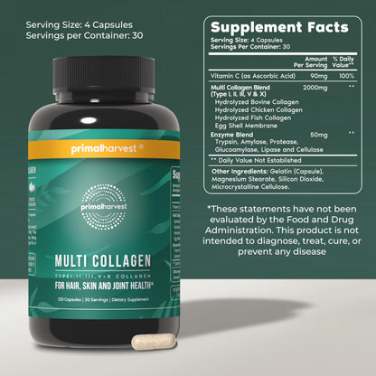 Primal Harvest Multi Collagen Pills for Women and Men (Type I, II, III, V, X) 120 Capsules w/Vitamin C for Hair, Skin, Nails Primal Harvest buy supplements Au