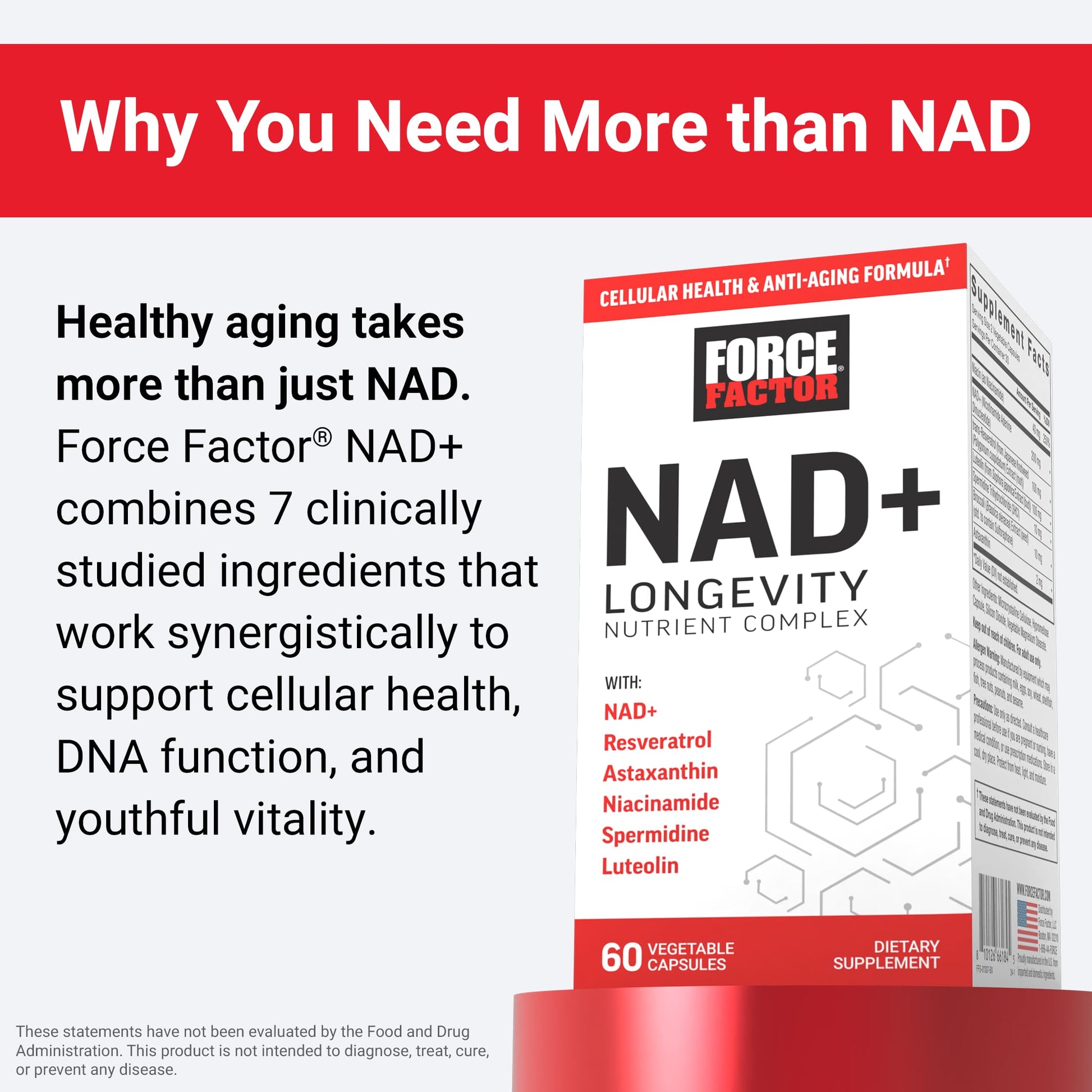 FORCE FACTOR NAD+ (NMN or Nicotinamide Riboside Alternative) with Resveratrol, Astaxanthin, Spermidine & Luteolin Complex, NAD to Support Cellular Health & Healthy Aging, 60 Capsules Force FactorBuy Supplements Australia