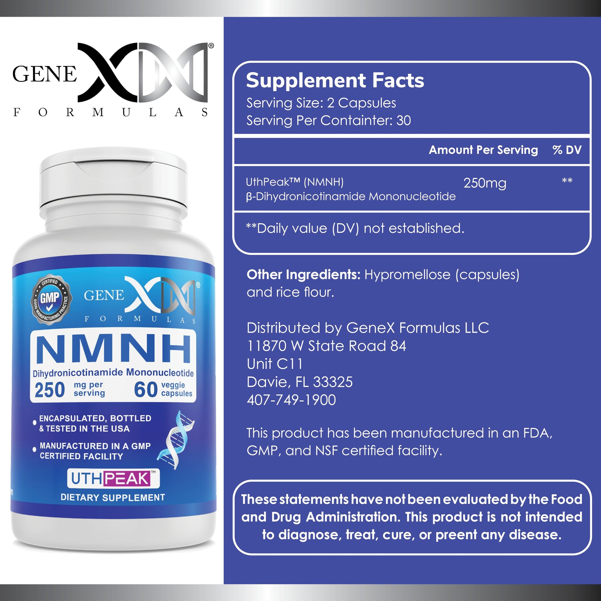 Genex Formulas 250mg NMNH (60 Capsules - 30 Servings) | Uthpeak™ NMNH (Dihydronicotinamide Mononucleotide) NAD+ Precursor for Healthy Aging - Non-GMO, Gluten-Free, Vegetarian Genex FormulasBuy Supplements Australia