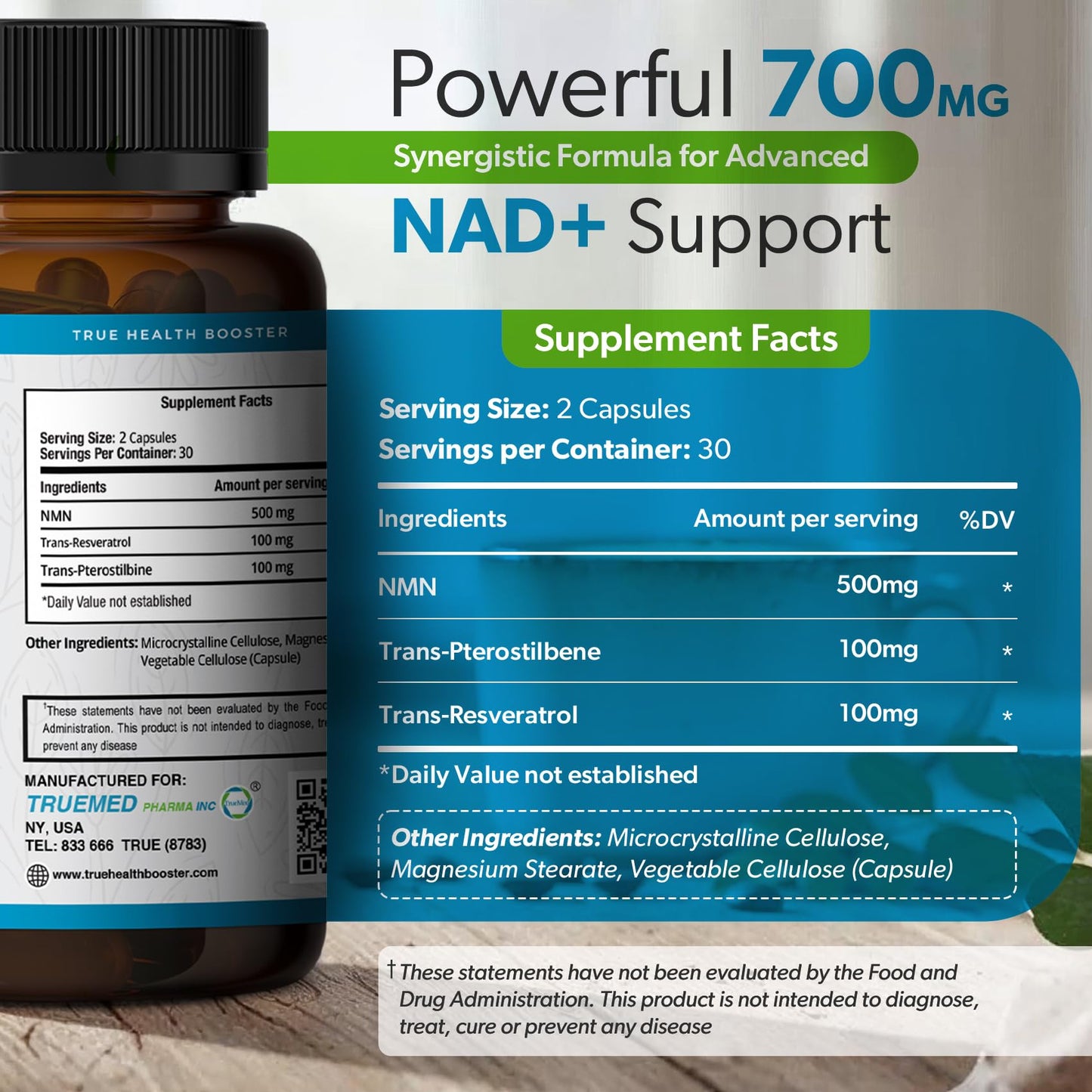 TRUEMED NMN Synergy+ 700mg – Premium NMN Supplement with Resveratrol & Pterostilbene | Advanced NAD+ Supplement for Cellular Energy, & Wellness Support | Non-GMO, Vegan, 60 Capsules TRUEMEDBuy Supplements Australia