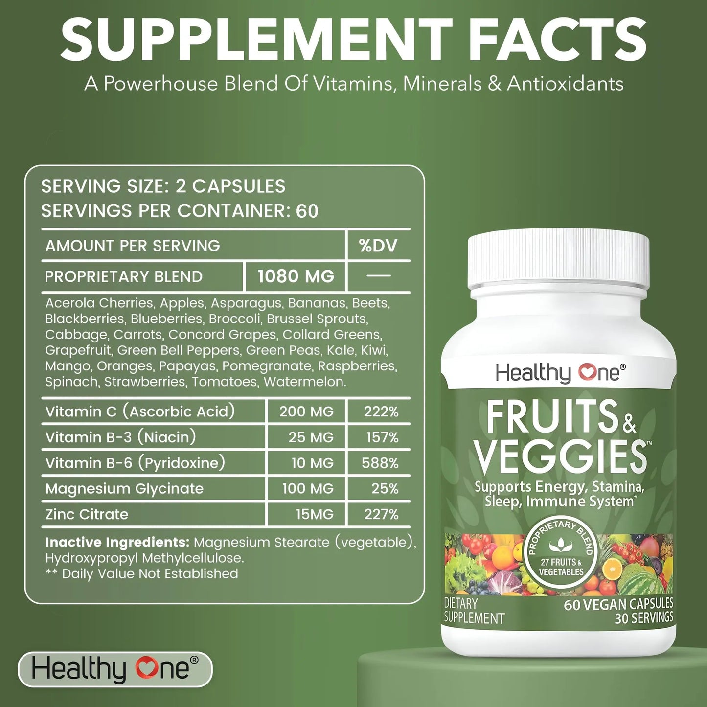 Fruits & Veggies Formula - 27 Premium Whole Foods - Organic Ingredients - Equals 3 Servings of Fruits & Vegetables - Improve Energy, Focus & Immune Function - Fiber - Antioxidants - 120ct (60 Serv) Healthy One buy supplements Au
