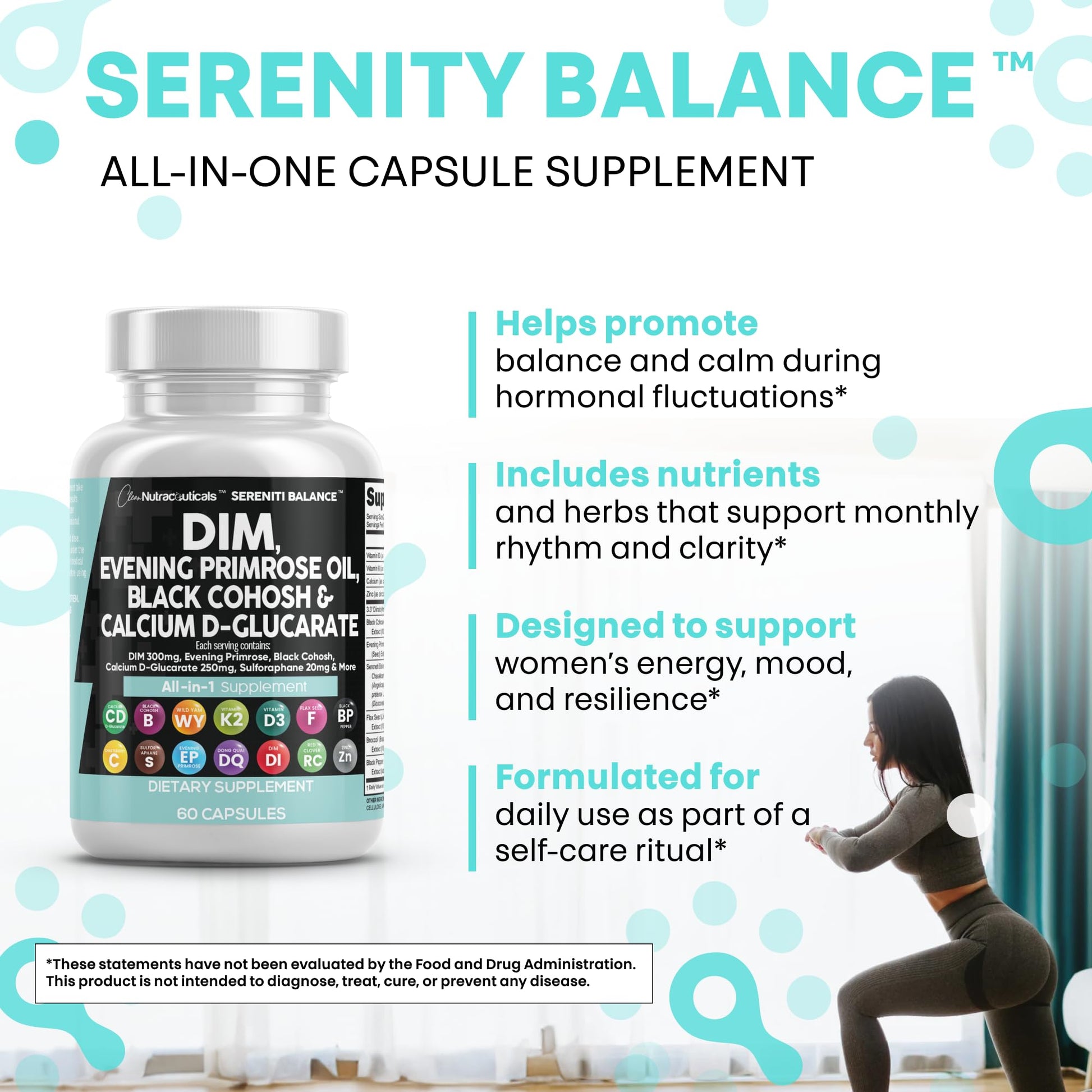 Clean Nutraceuticals DIM Evening Primrose Black Cohosh Calcium D-Glucarate Sulforaphane Flax Seed Extract - Hormonal Support Vitamins for Women with Dong Quai - 60 Caps Clean NutraceuticalsBuy Supplements Australia