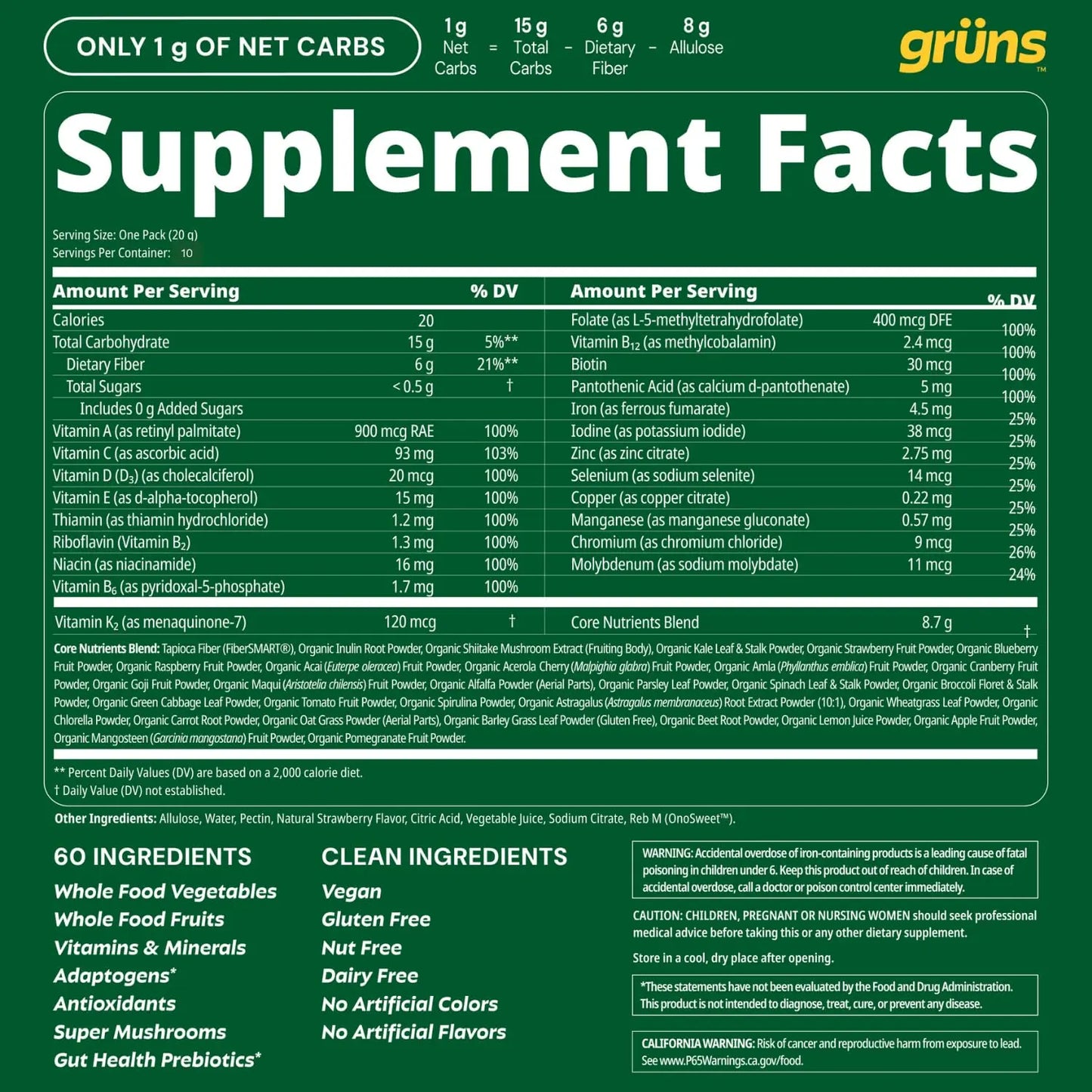 Gruns Sugar-Free Super Greens Gummies, Multivitamin Superfood Gummy Bears, Spirulina, Chlorella, Prebiotics & Fiber gummies for Digestive Health, Adaptogens Supplement, 20 Vitamins & Minerals, 10 pack Grüns buy supplements Au