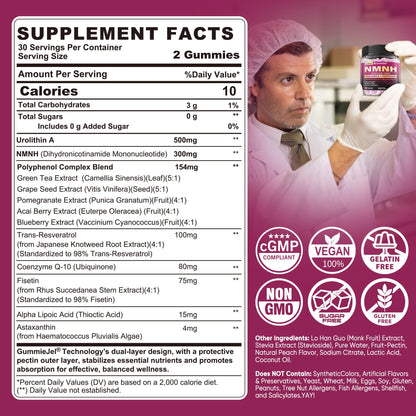 NMNH Gummies 300MG for Longevity with Urolithin A, Polyphenol Blend, Resveratrol, NAD+ Supplement for Women & Men Boost NAD+ Levels, Optimized Aging, Cell, DNA Repair, Energy, Focus, Sugar Free, 60cts NextdiaBuy Supplements Australia