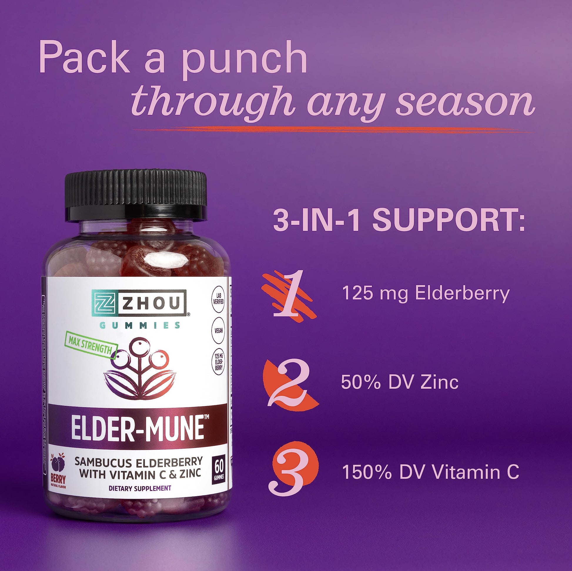 Zhou Nutrition Elder-Mune Sambucus Elderberry Gummies with Zinc and Vitamin C Zhou Nutrition