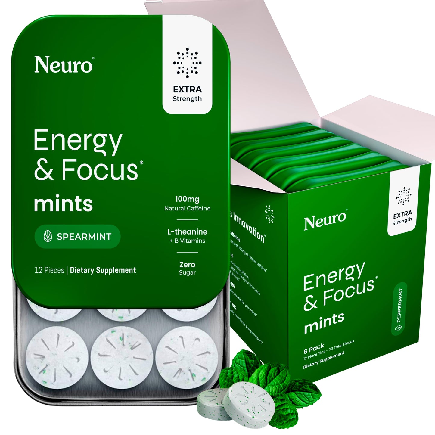Neuro Energy & Focus Mints, Extra Strength - Sugar Free Breath Mints with 100mg Natural Caffeine, B Vitamins & L-Theanine - Vegan Brain Supplement for Exercise, Study & Daily Focus - Spearmint, 72 ct NeuroBuy Supplements Australia