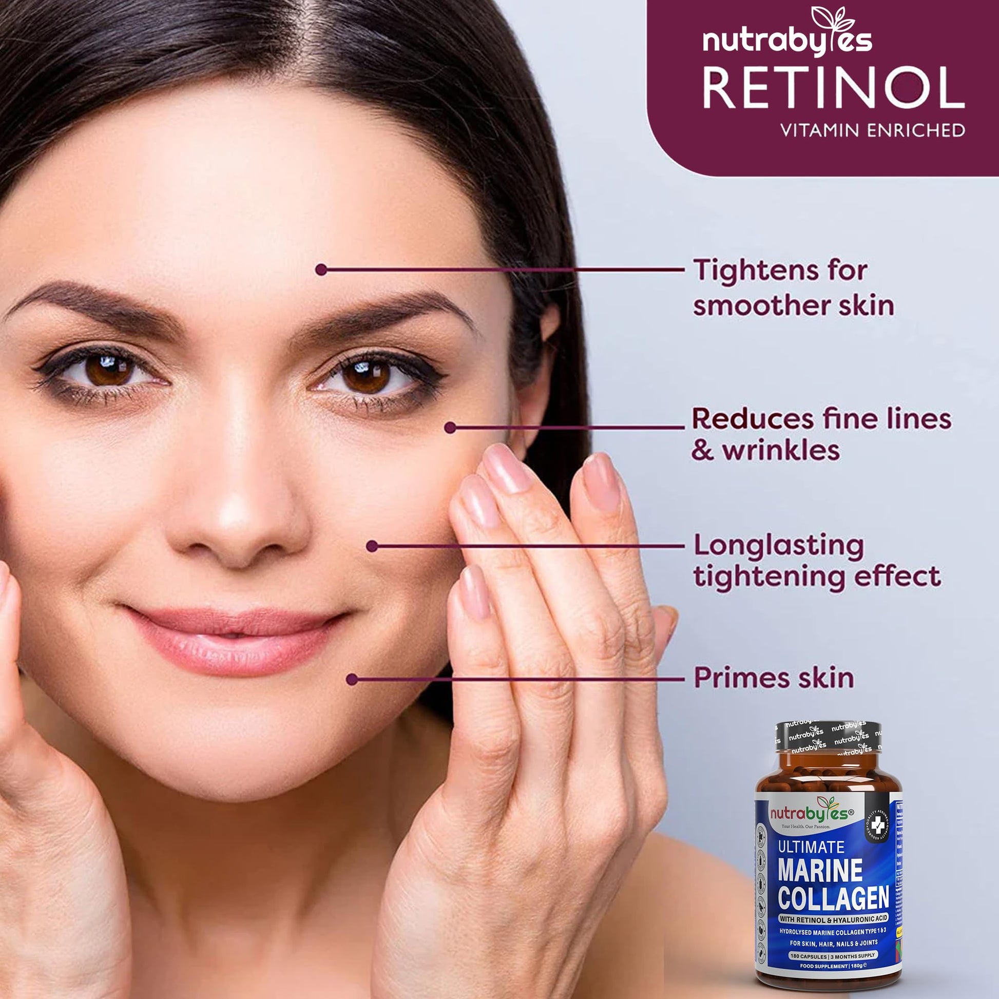 High Strength Marine Collagen with Hyaluronic Acid, Retinol and Vitamin C | 180 Capsules - 3 Months Supply NUTRABYTESBuy Supplements Australia