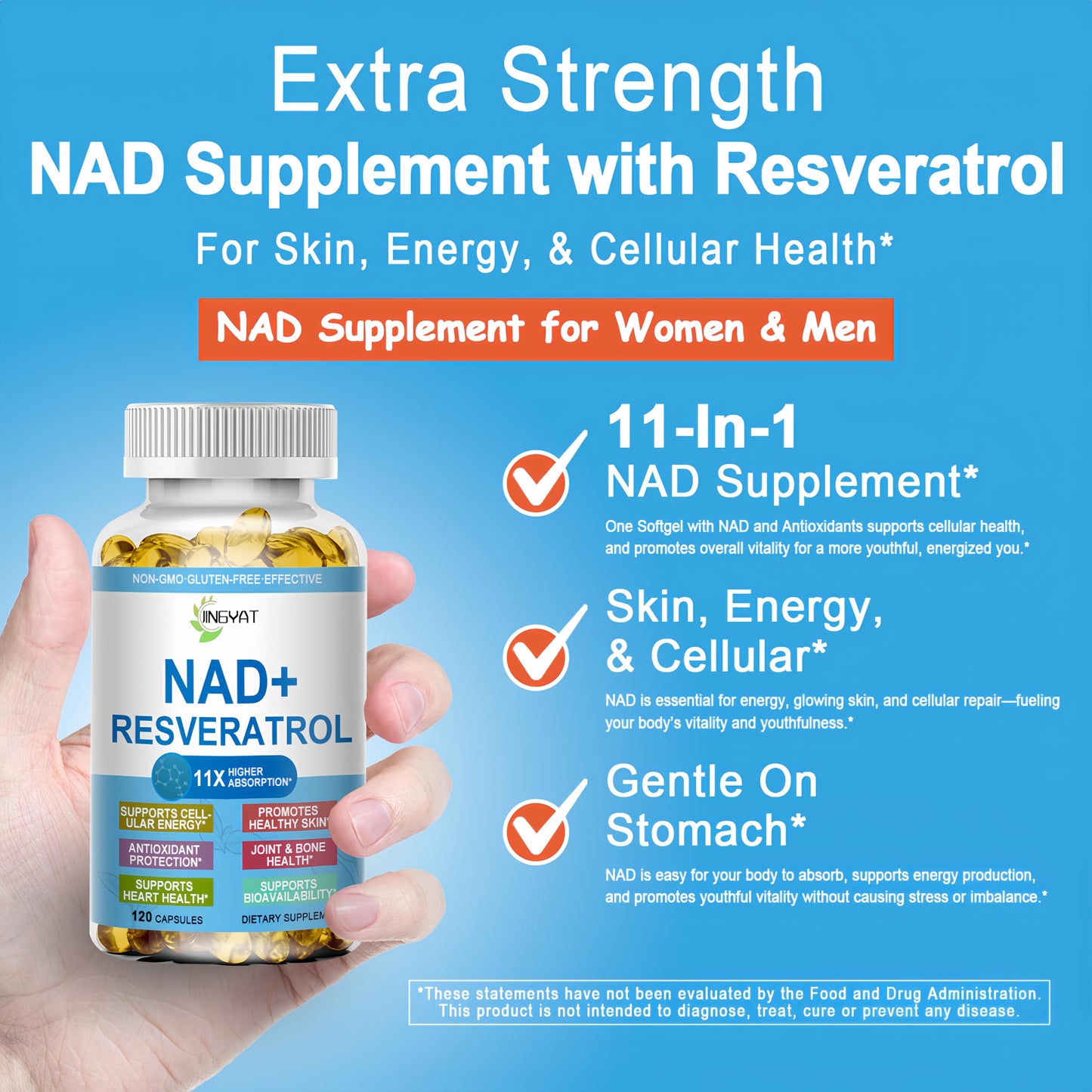 JINGYAT 11-in-1 NAD Supplement with Resveratrol, CoQ10, Quercetin, Collagen, Grape Seed for Cellular Energy, Mental Focus & Antioxidant Support - NAD Supplement for Women & Men, 120 Soft Capsules JINGYATBuy Supplements Australia