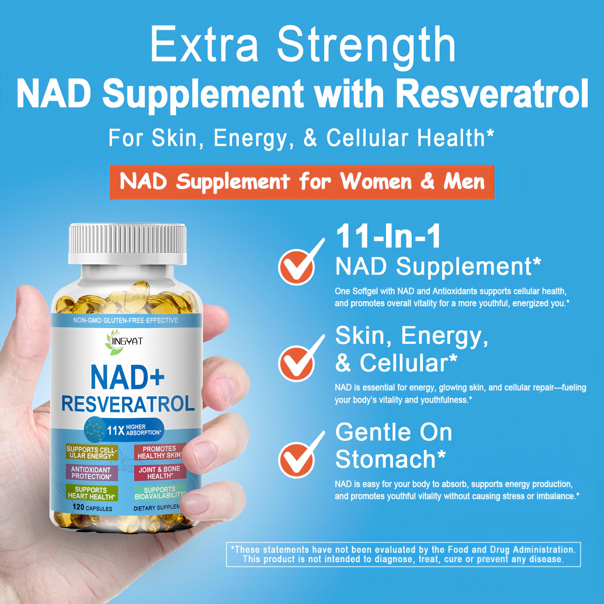 JINGYAT 11-in-1 NAD Supplement with Resveratrol, CoQ10, Quercetin, Collagen, Grape Seed for Cellular Energy, Mental Focus & Antioxidant Support - NAD Supplement for Women & Men, 120 Soft Capsules JINGYATBuy Supplements Australia