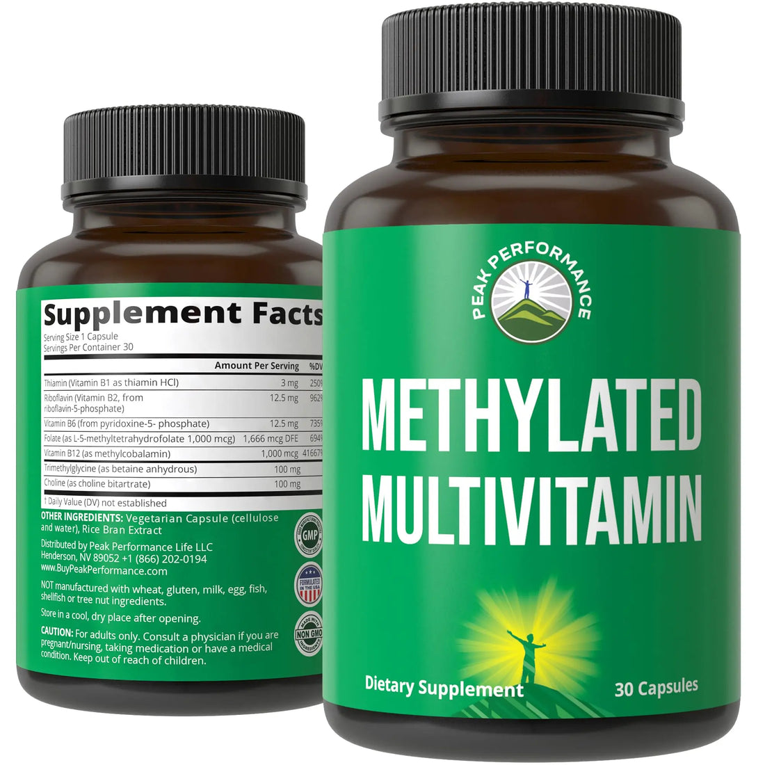 Methylated Multivitamin + Methylated B Complex Supplement. With Trimethylglycine (TMG), L Methylfolate, Methyl B12 + B1 + B2 + B6 Vitamins + Choline Peak Performance