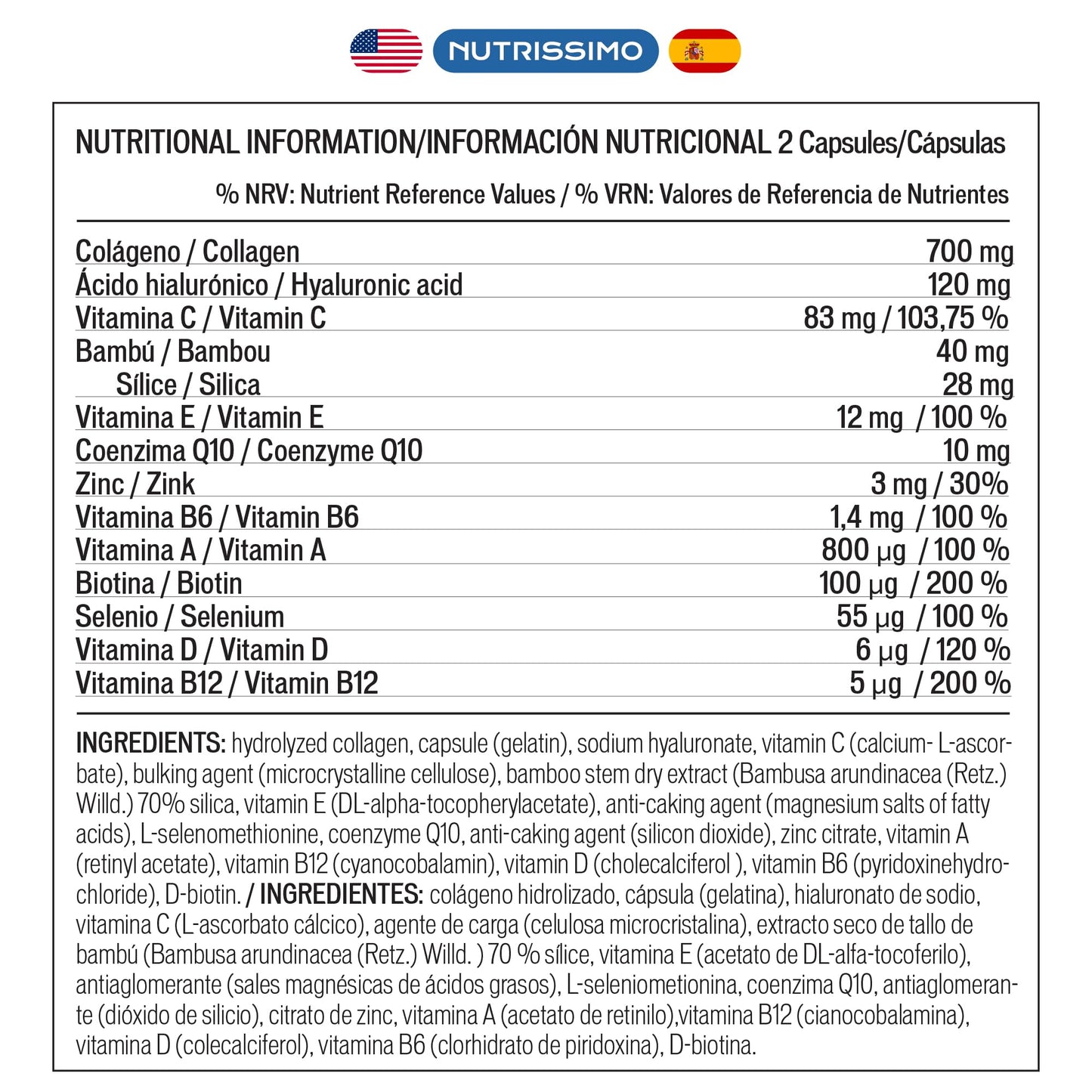 NUTRISSIMO Collagen + Hyaluronic Acid + Biotin + CoQ10 + Vitamins A, C (non-acidic), D and B12 + Zinc NUTRISSIMOBuy Supplements Australia