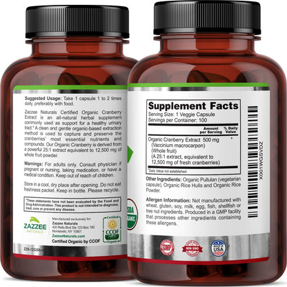 Zazzee USDA Organic Cranberry 25:1 Extract, 12,500 mg Strength, 100 Vegan Capsules Zazzee