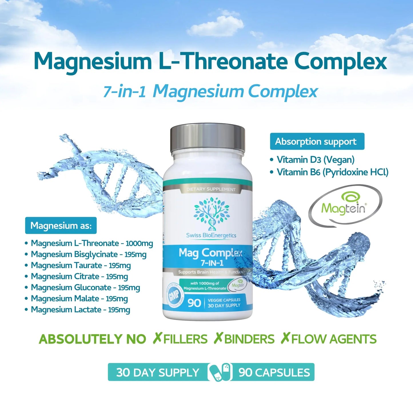 Magnesium L-Threonate Complex 7-in-1 with 1000mg of Magtein Plus Magnesium as Bisglycinate, Taurate, Citrate, Gluconate, Malate & Lactate - Supports Sleep - Vegan, US Made and No Artificial Nasties swiss bioenergetics buy supplements Au