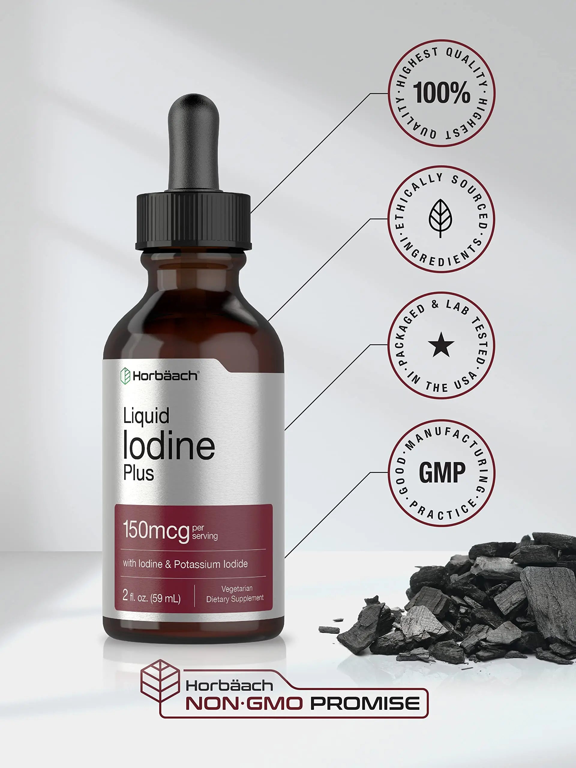 Liquid Iodine Solution Drops | 2 fl oz | 150 mcg | Iodine & Potassium Iodide Supplement Horbäach