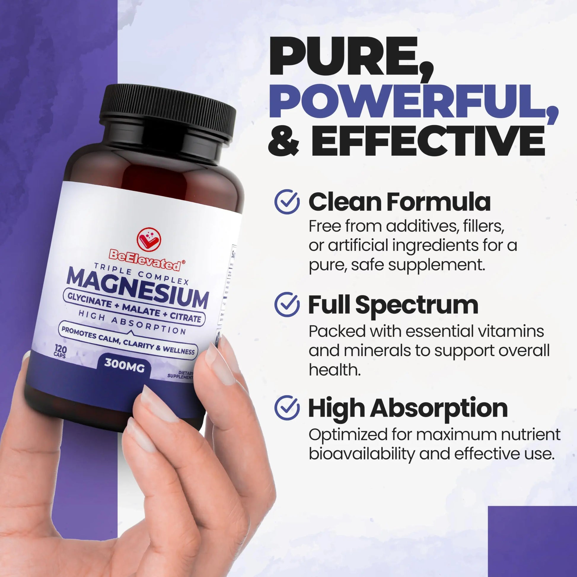 BeElevated High Absorption Triple Magnesium Complex for Sleep, Relaxation & Muscle Support – 300mg of Magnesium Glycinate, Citrate & Malate BeElevated