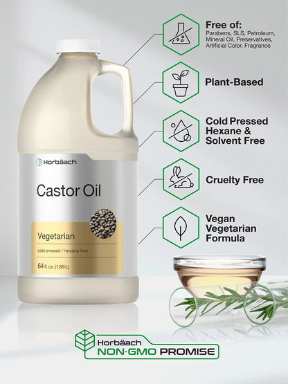 Castor Oil 64oz | for Hair Health, Eyelashes & Eyebrows | Hexane Free & Cold Pressed Horbäach