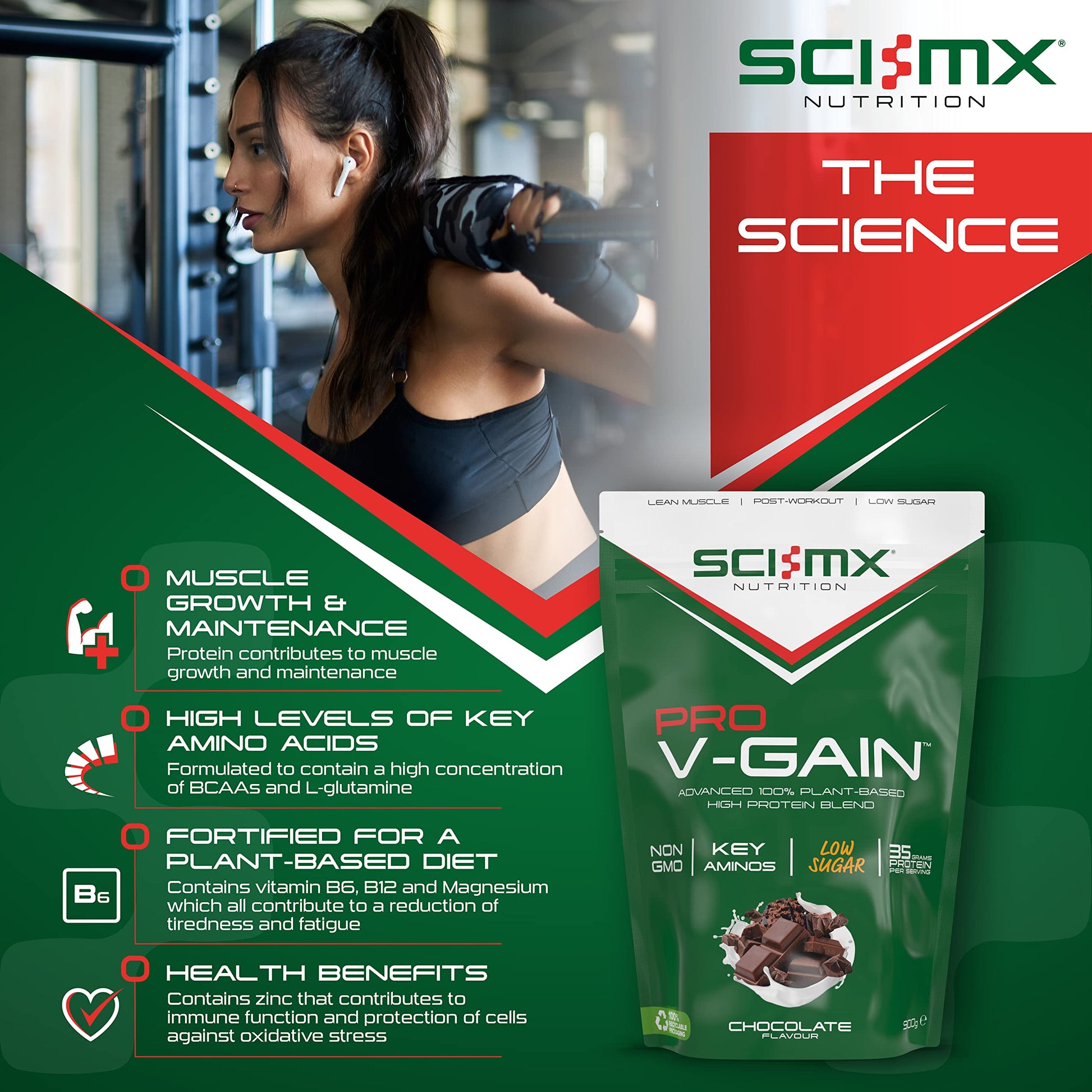 SCI-MX Pro V Gain 100% Plant Based Vegan Protein Formula With No Added Sugar - Chocolate Flavour - 900g - 20 SERVINGS SCI-MX