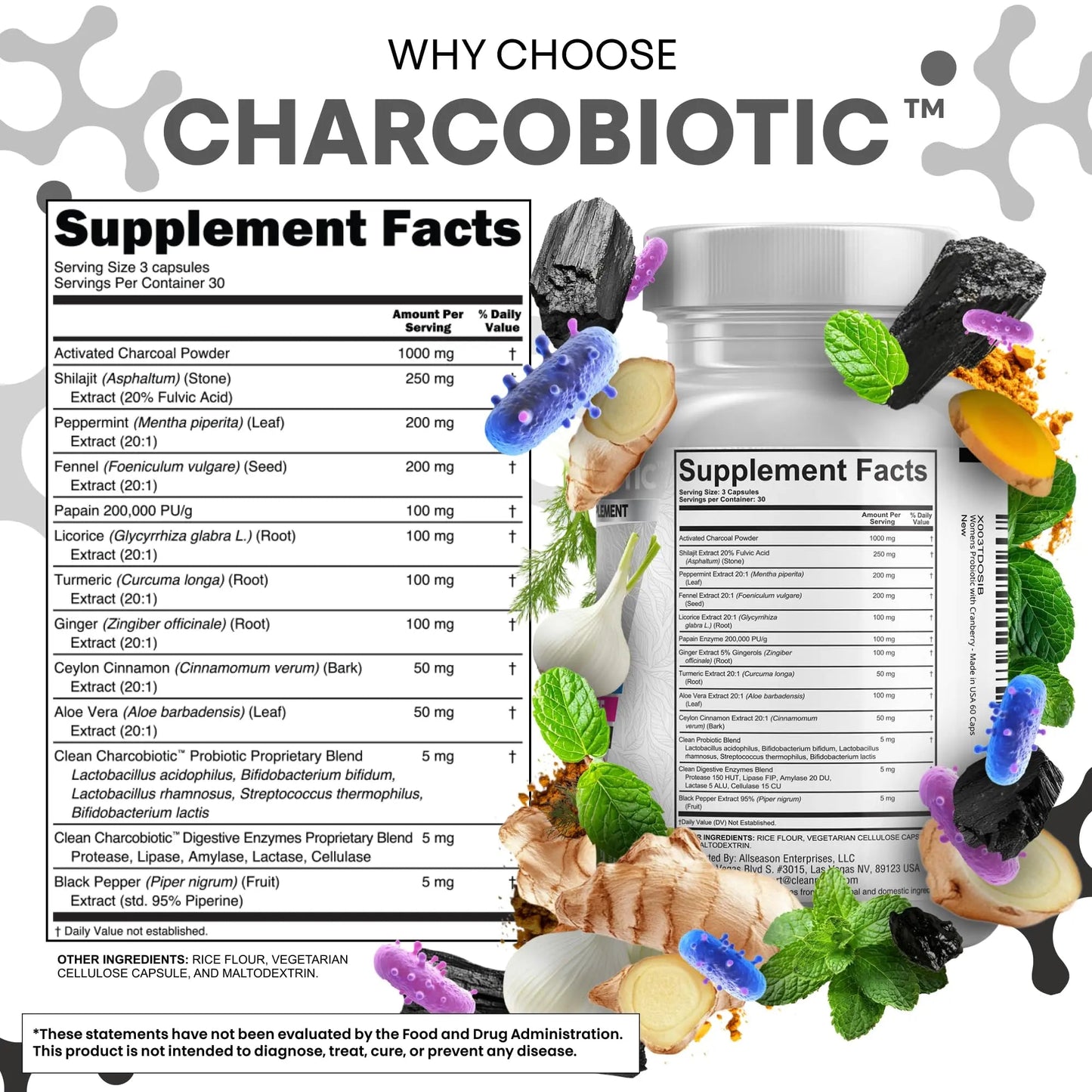 Clean Nutra Activated Charcoal Pills + Shilajit Probiotic Digestive Enzymes for Digestive Health Capsules with Peppermint Fennel Licorice Papain Ginger Turmeric Powder | Gut Health Clean Nutraceuticals buy supplements Au