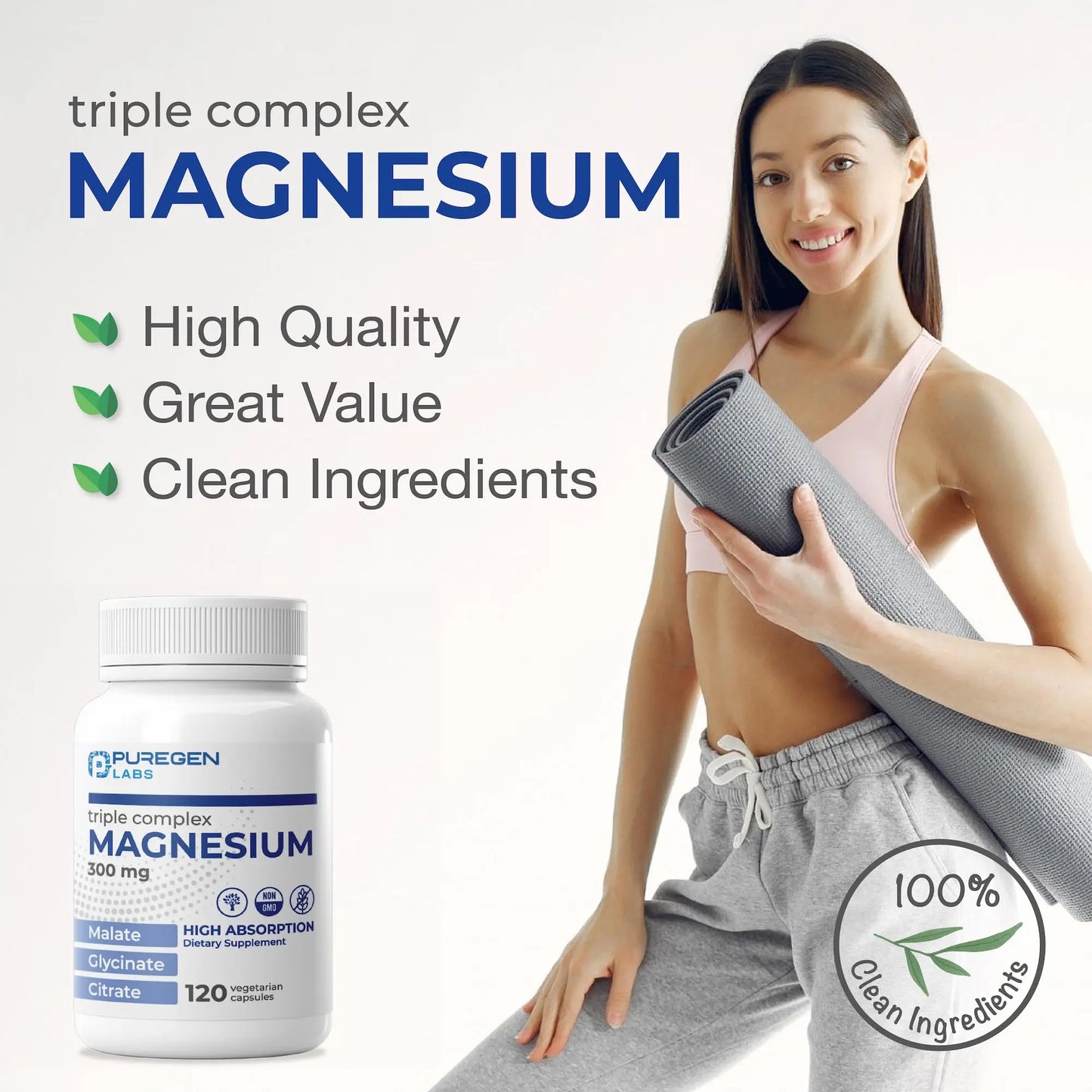 Puregen Labs Triple Magnesium Complex 300mg of Magnesium Glycinate, Malate, & Citrate P Puregen Labs