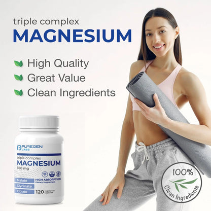 Puregen Labs Triple Magnesium Complex 300mg of Magnesium Glycinate, Malate, & Citrate P Puregen Labs