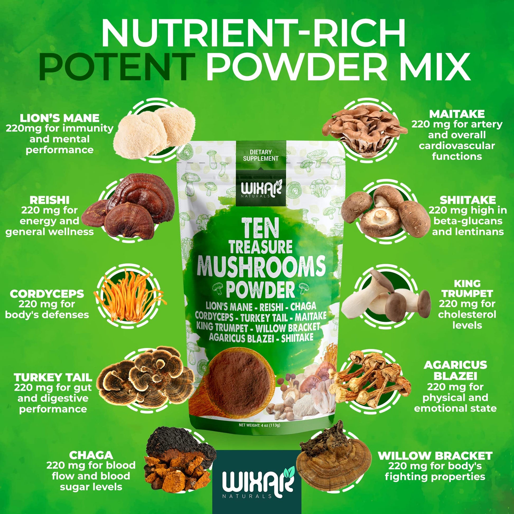 Wixar Mushroom Powder - Ten Treasure Mushrooms Extract Supplement Blend for Coffee WIXAR NATURALS