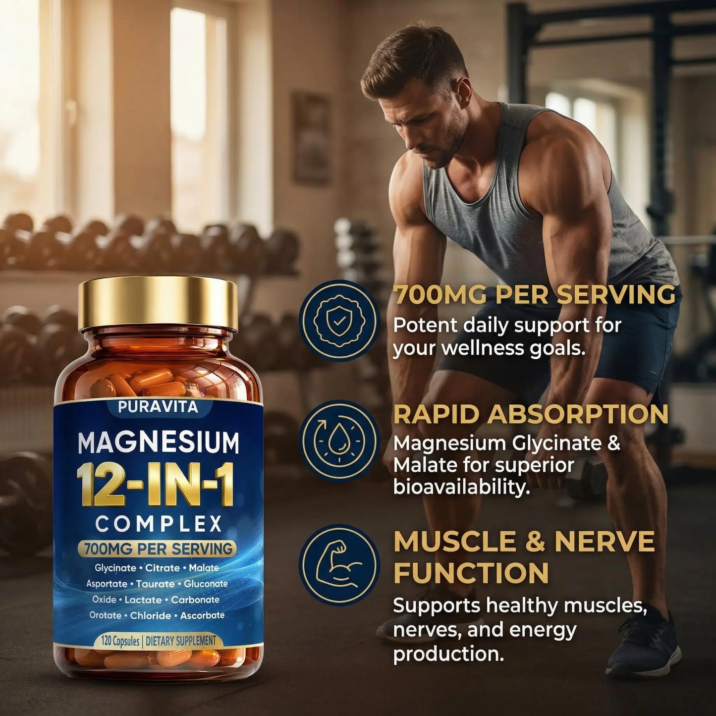 Puravita 12 in 1 Magnesium Complex Capsules - 700mg High Absorption Blend with Glycinate, Citrate, Malate, Oxide & Taurate. Supports Muscle Function, Nerve Health & Relaxation - 120 Capsules (1) PURAVITA buy supplements Au