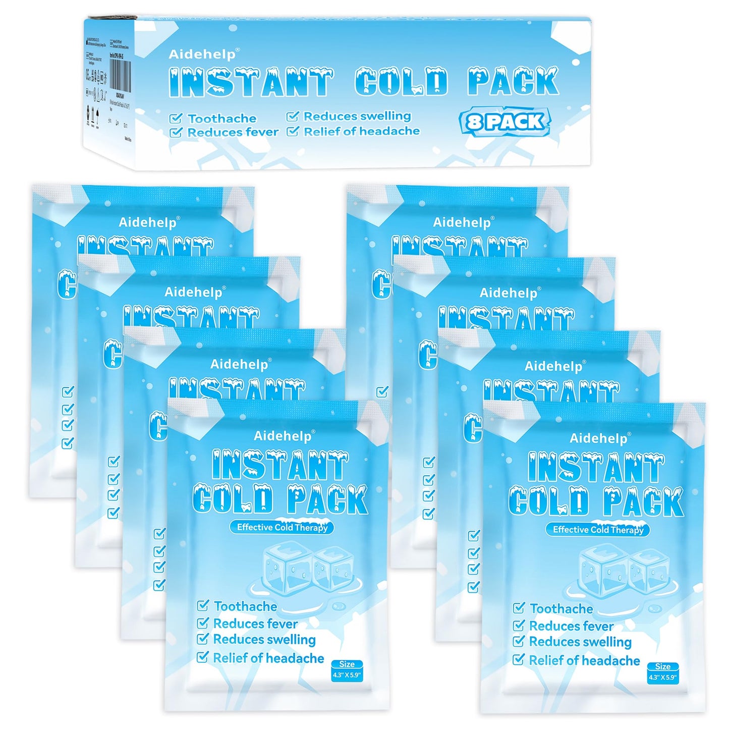 8 Pack Instant Cold Packs (4.3" x 5.9") - Disposable Ice Packs for Injuries | Cold Compress Ice Pack for Pain Relief, Swelling, Inflammation, Sprains, Toothache - Cold Pack for Athletes Aidehelp buy supplements Au