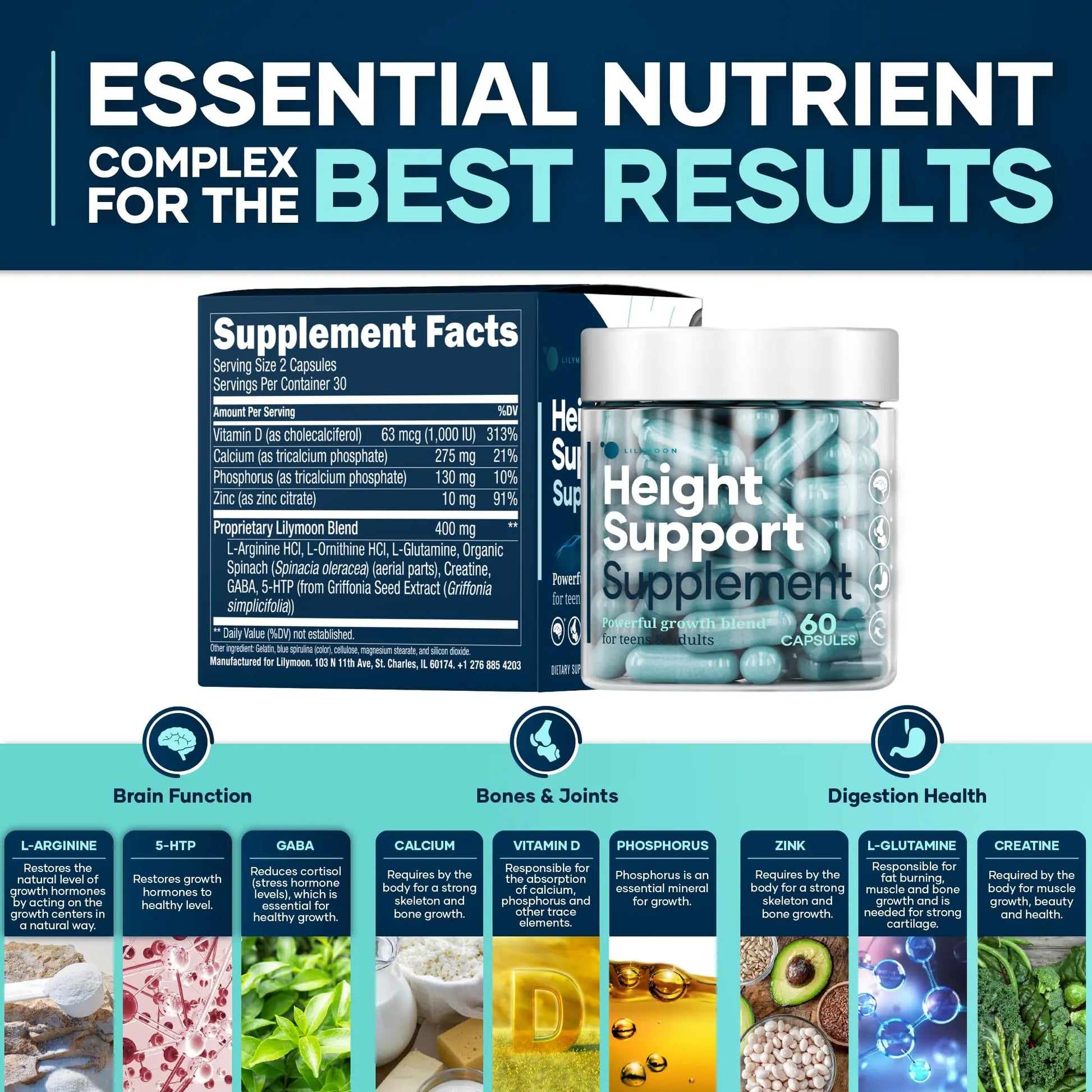 Height & Bone Support Supplement - Premium Height Growth Supplement for Kids & Teens with Calcium - Nutritional Support Bone Health Formula - Height Increase Essential Vitamins - 60 Caps LM LILYNUTRAMOON buy supplements Au