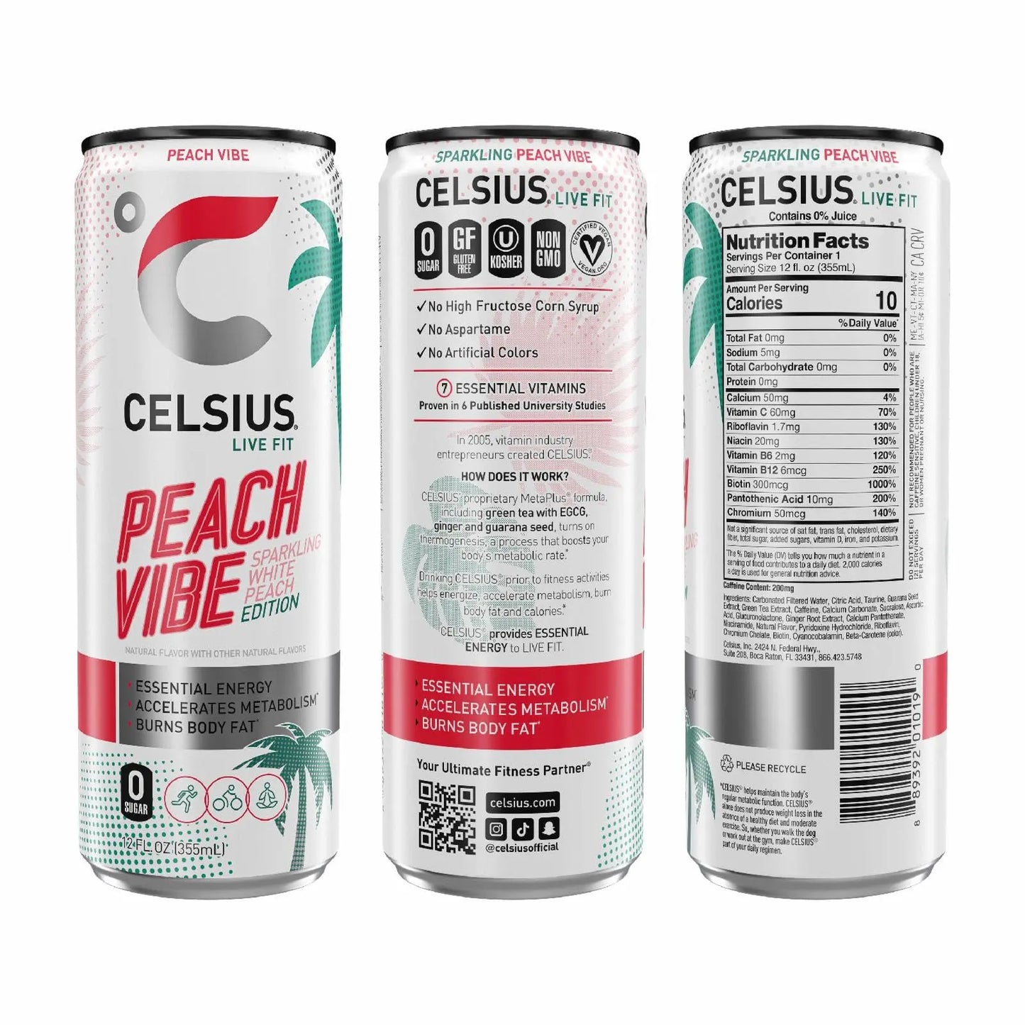 CELSIUS Sparkling Peach Vibe, Functional Essential Energy Drink, 12 Fl Oz CELSIUS
