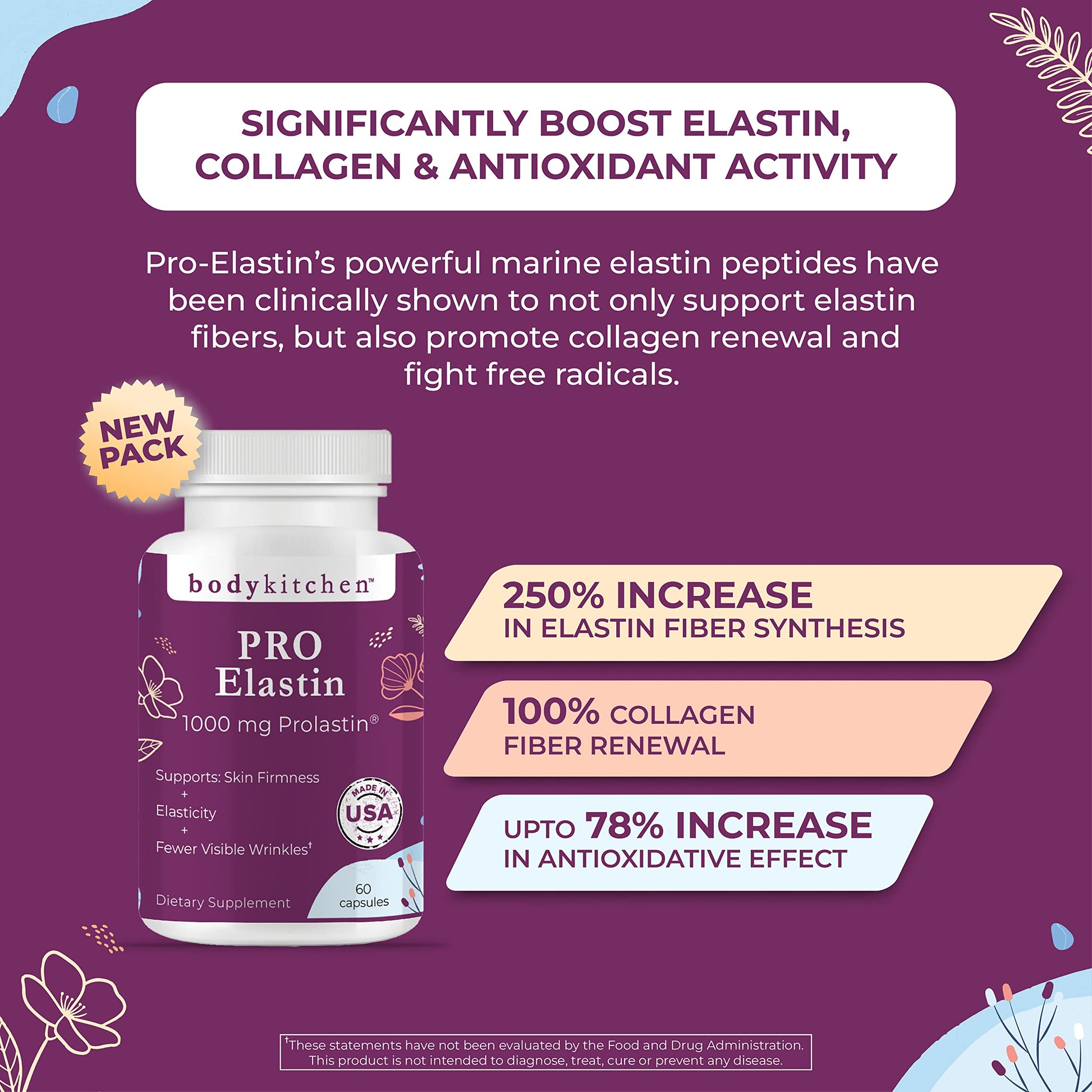 Body Kitchen Pro-Elastin 1000 mg Elastin Supplement, Reduce Signs of Aging, Improved Skin Health, Firmness & Elasticity, Fewer Wrinkles, Veggie Caps (Pack of 3) Body Kitchen buy supplements Au