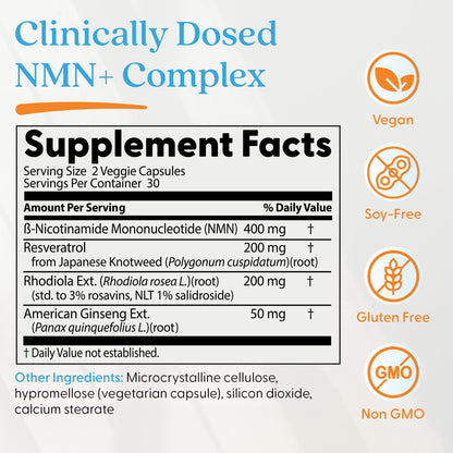 Doctor's Best NMN+ Complex Supplement Capsules for Women & Men - Supports NAD+ Production, Resveratrol 100mg & Beta Nicotinamide Mononucleotide 200mg per Capsule, Cellular Energy Support - 60 Veg Caps Doctor's BESTBuy Supplements Australia