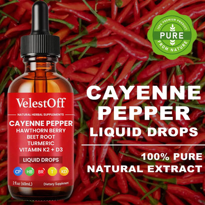 Velestoff Cayenne Pepper Drops, Cayenne Circulation Blend with Hawthorn Beet Root Turmeric Vitamin K2 D3 - Vegan, Non-GMO - 2FL.OZ (1 PCS) Velestoff buy supplements Au