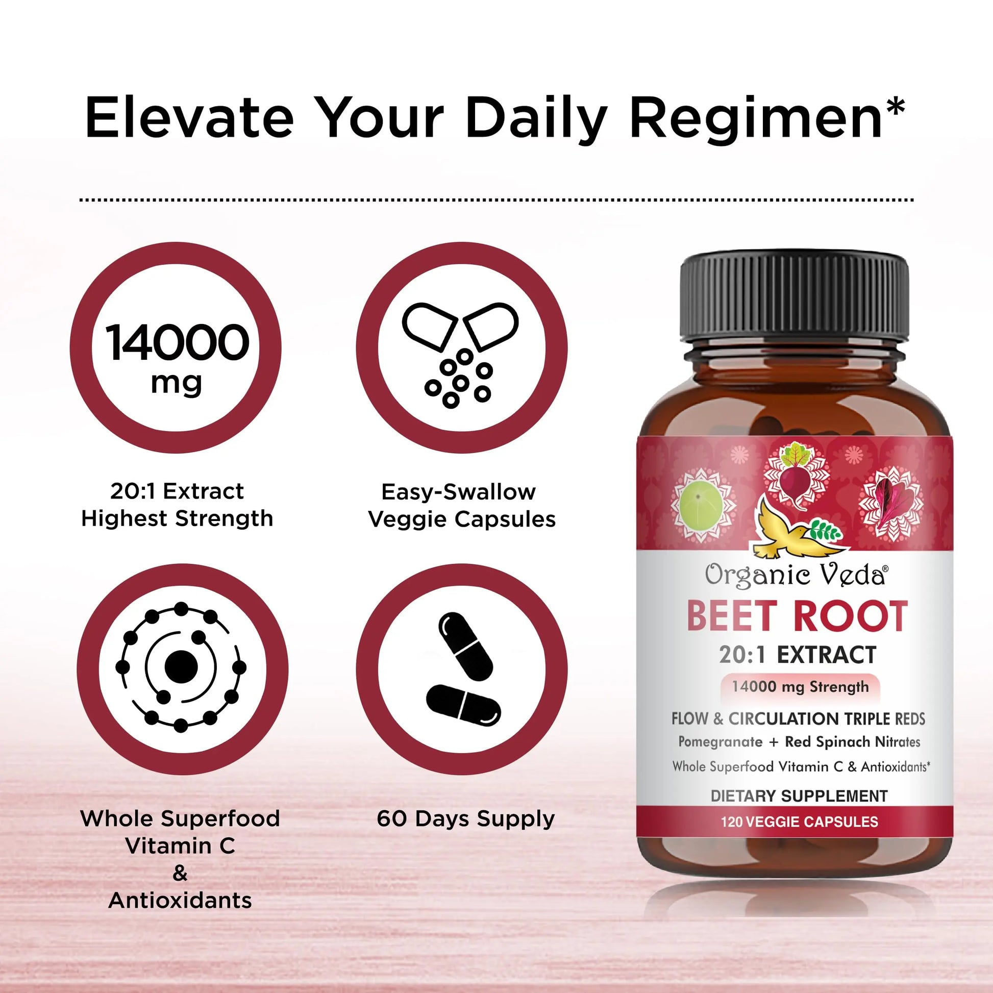 Organic Veda Beet Root Capsules - Triple Reds Nitric Oxide Beets Supplements - Concentrated Organic Veda