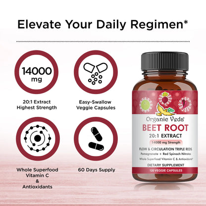 Organic Veda Beet Root Capsules - Triple Reds Nitric Oxide Beets Supplements - Concentrated Organic Veda
