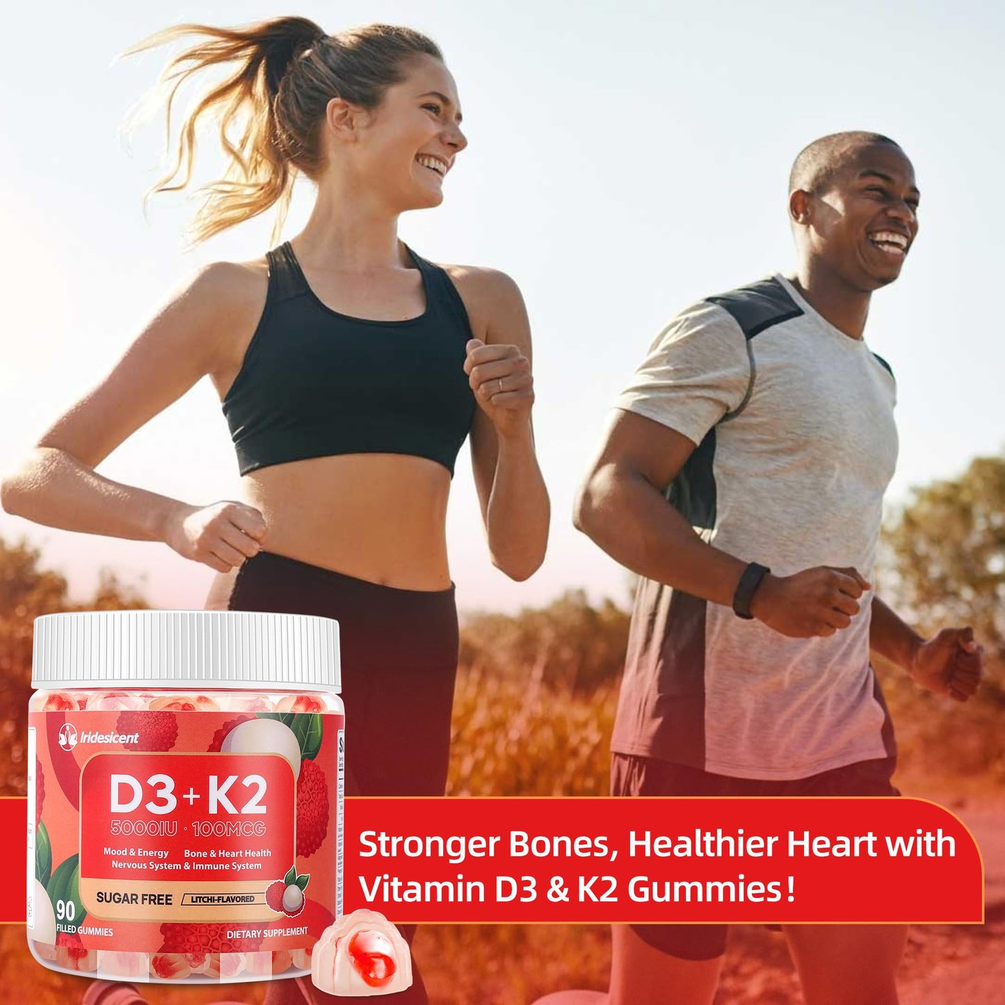 Vitamin D3 K2 Gummies w/Magnesium Sugar Free - 90 Count | D3 Vitamin 5,000 IU + K2(MK-7) 100 mcg - Vegan K2 D3 Vitamin Supplement, Highly Absorbent Supports Bone
