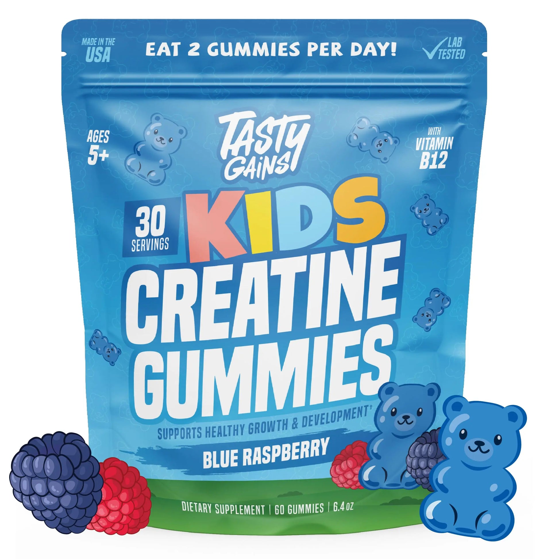 Package of Tasty Gains Kids Creatine Gummies with blue raspberry flavor on a white background
