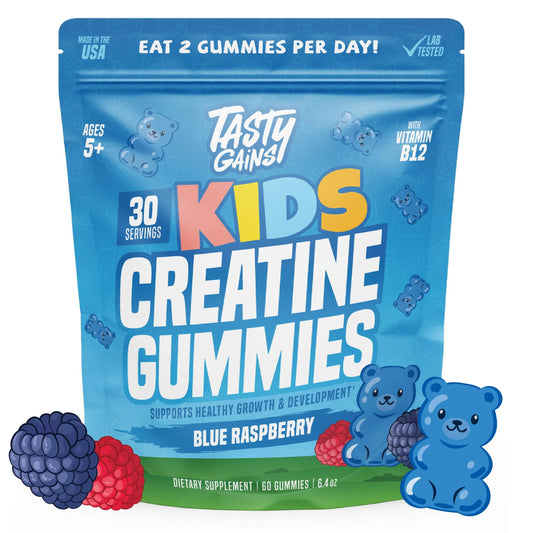 Package of Tasty Gains Kids Creatine Gummies with blue raspberry flavor on a white background