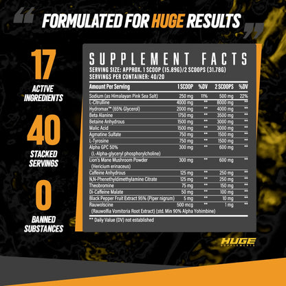 Huge Supplements Wrecked Pre-Workout, 30G+ Ingredients Per Serving to Boost Energy Huge Supplements