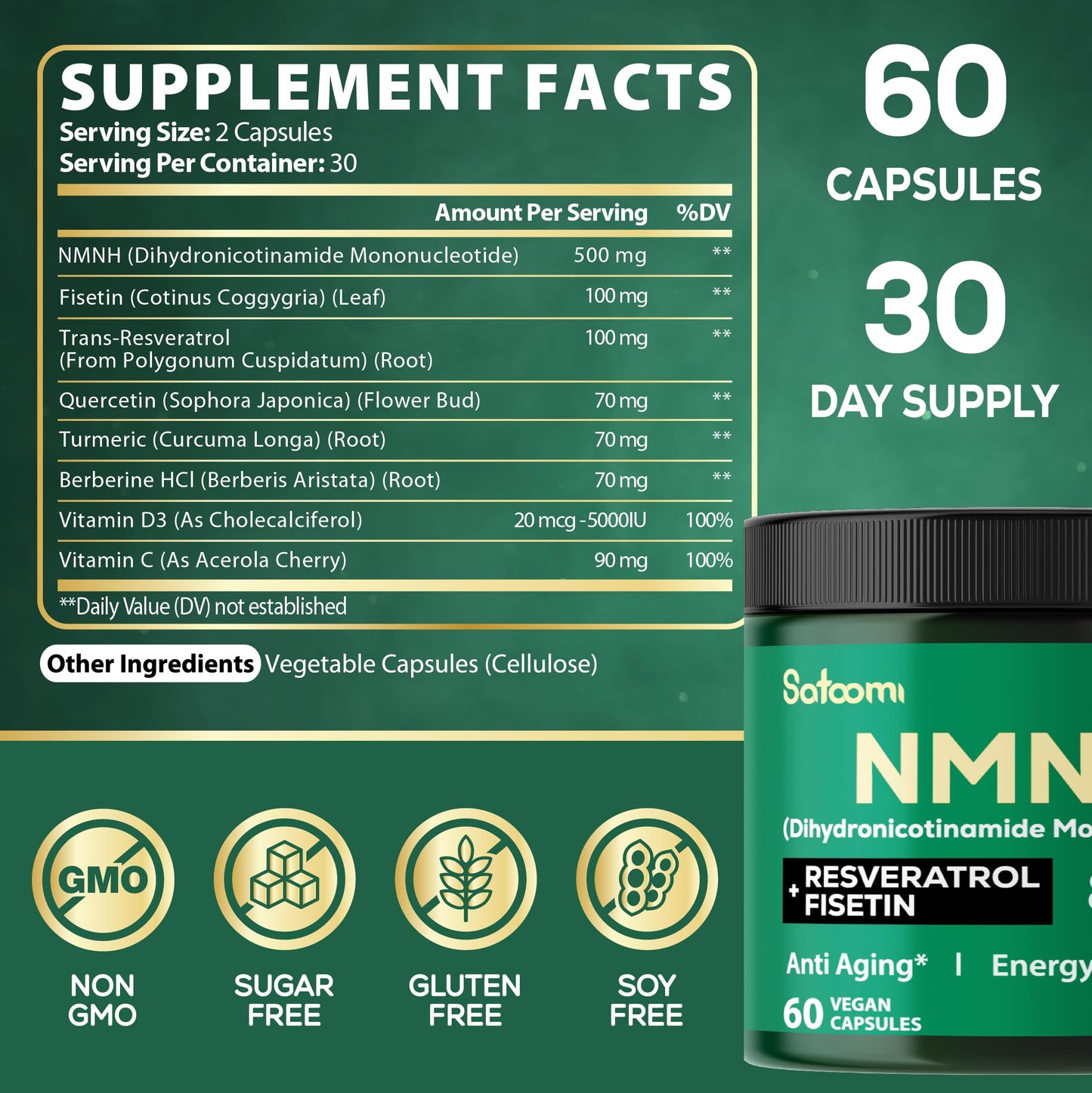 Satoomi 8in1 NMNH - NMN Supplement Alternative - NAD Supplement to Support NAD Levels Added Fisetin, Resveratrol, Quercetin, Turmeric, Berberine, Vitamin D3 & C - 60 Count for 30 Days SatoomiBuy Supplements Australia