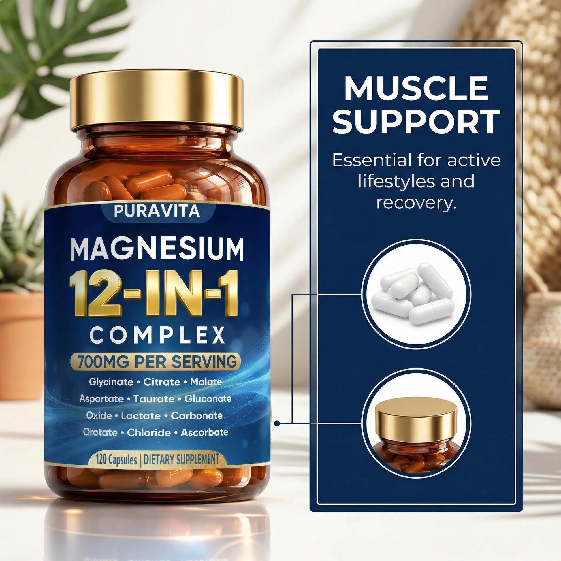 Puravita 12 in 1 Magnesium Complex Capsules - 700mg High Absorption Blend with Glycinate, Citrate, Malate, Oxide & Taurate. Supports Muscle Function, Nerve Health & Relaxation - 120 Capsules (1) PURAVITA buy supplements Au