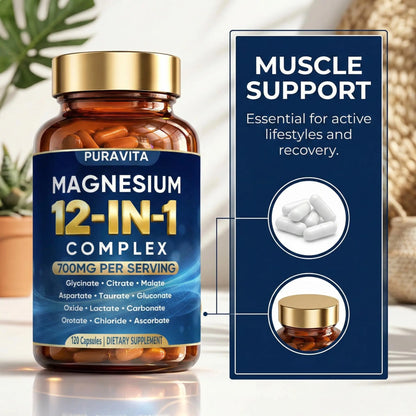 Puravita 12 in 1 Magnesium Complex Capsules - 700mg High Absorption Blend with Glycinate, Citrate, Malate, Oxide & Taurate. Supports Muscle Function, Nerve Health & Relaxation - 120 Capsules (1) PURAVITA buy supplements Au