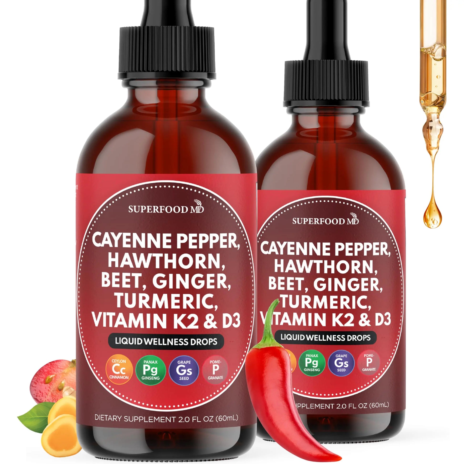 Two bottles of Superfood MD liquid wellness drops with ingredients listed on a white background.