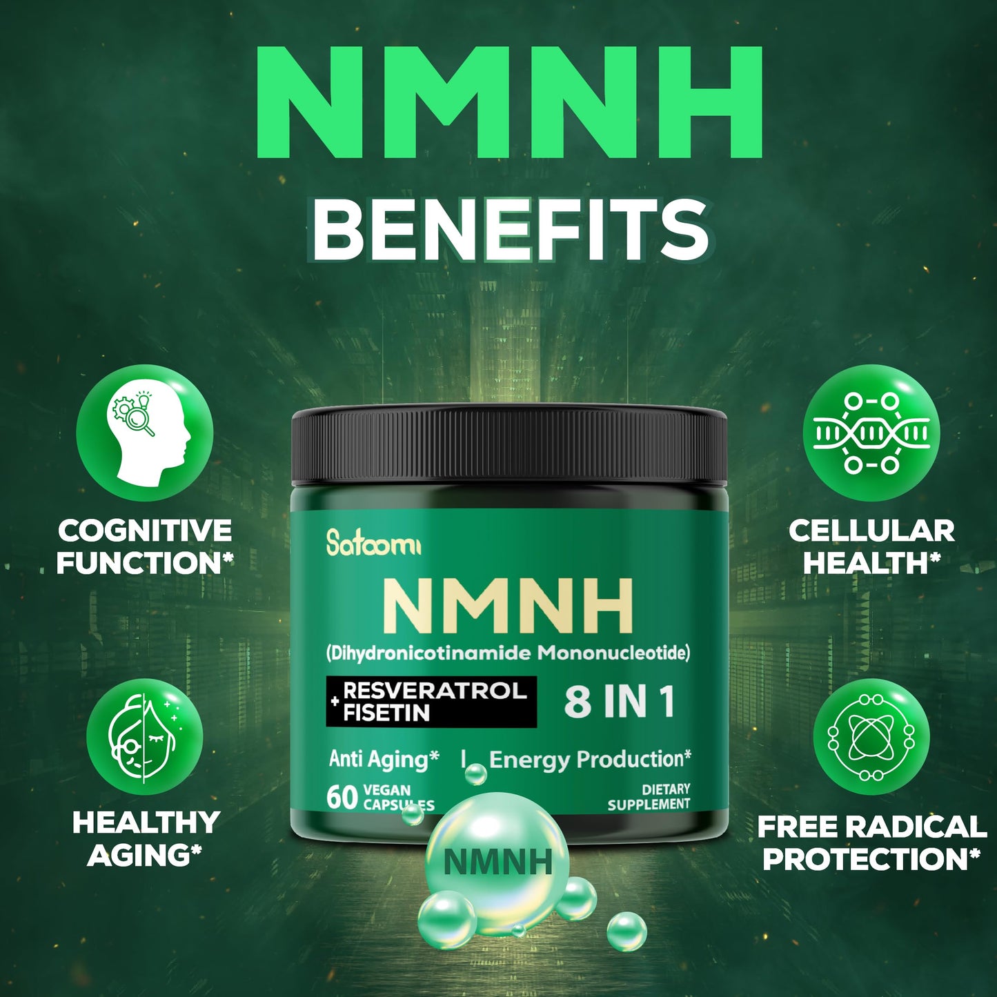 Satoomi 8in1 NMNH - NMN Supplement Alternative - NAD Supplement to Support NAD Levels Added Fisetin, Resveratrol, Quercetin, Turmeric, Berberine, Vitamin D3 & C - 60 Count for 30 Days SatoomiBuy Supplements Australia