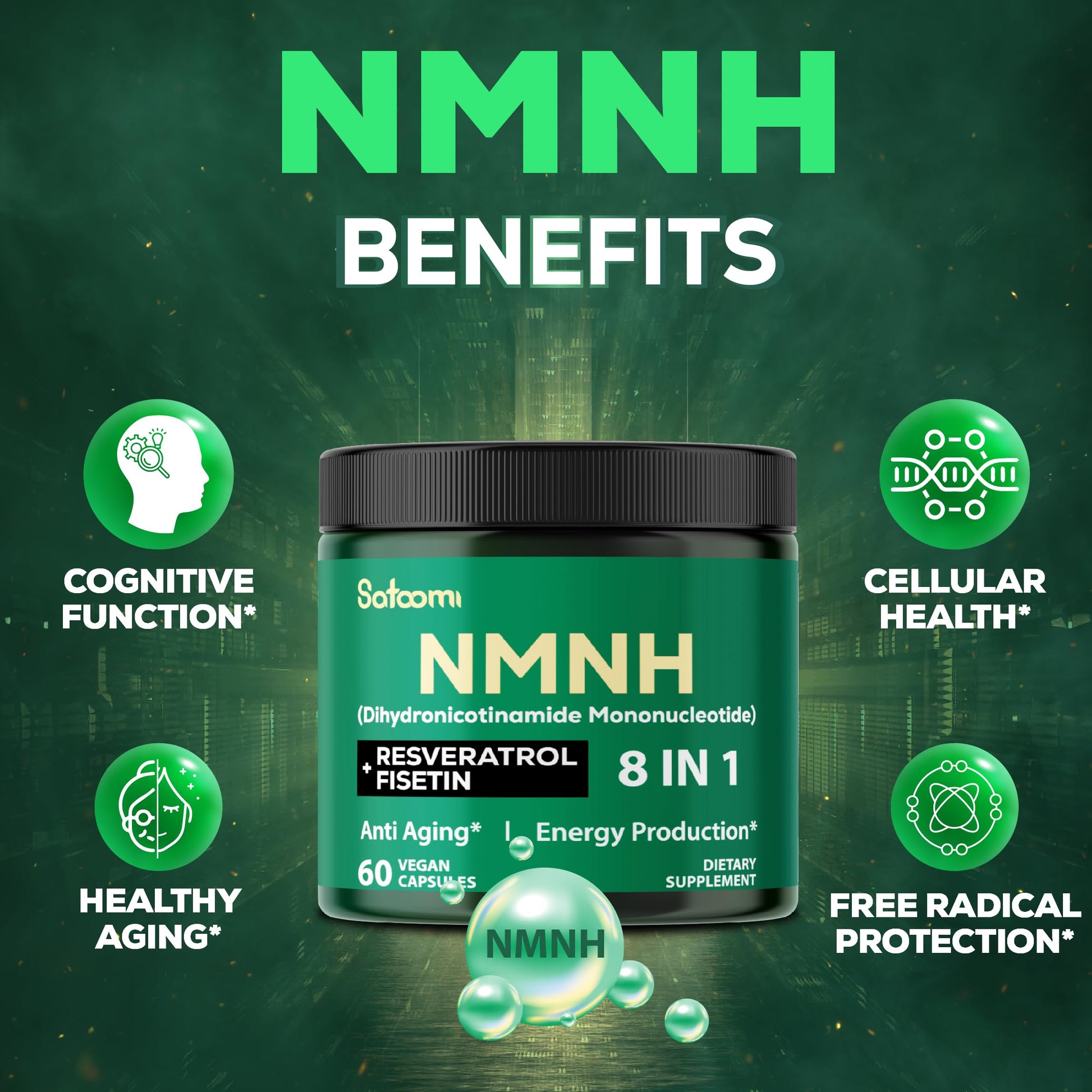 Satoomi 8in1 NMNH - NMN Supplement Alternative - NAD Supplement to Support NAD Levels Added Fisetin, Resveratrol, Quercetin, Turmeric, Berberine, Vitamin D3 & C - 60 Count for 30 Days SatoomiBuy Supplements Australia