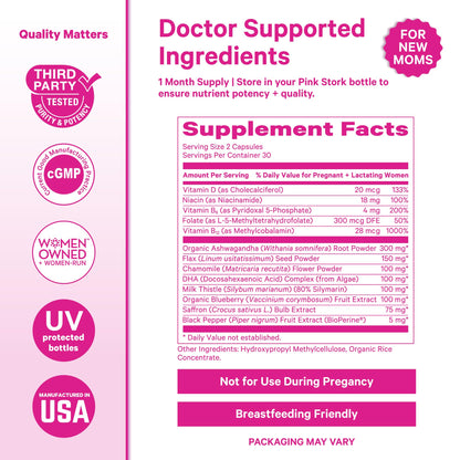 Pink Stork Postpartum Mood Support - Postnatal Hormone Balance for Women - Breastfeeding Friendly - Stress & Cognitive Support, New Mom Essentials - Ashwagandha, Chamomile, & Vitamin D, 60 Capsules Pink StorkBuy Supplements Australia