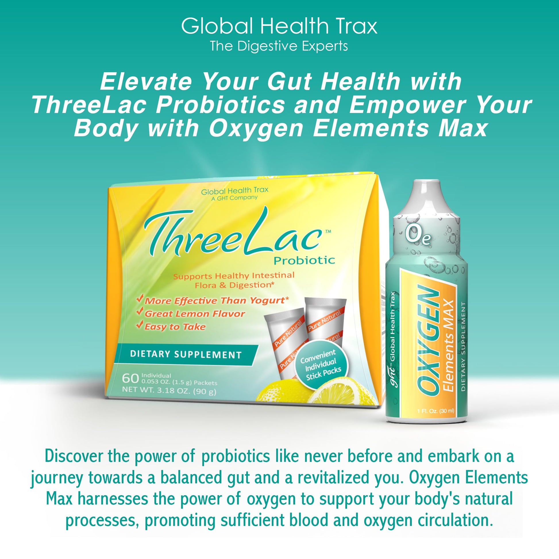 Global Health Trax Ultimate Gut & Oxygen Duo: ThreeLac Lemon Probiotic Powder (60 Packets) & Oxygen Elements Max Drops (1oz) - Digestive Support & Cellular Vitality ght Global Health TraxBuy Supplements Australia