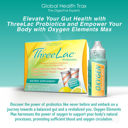 GHT – Ultimate Gut & Oxygen Duo: ThreeLac Lemon Probiotic Powder (180 Packets) & Oxygen Elements Max Drops (3oz) - Digestive Support & Cellular Vitality ght Global Health TraxBuy Supplements Australia