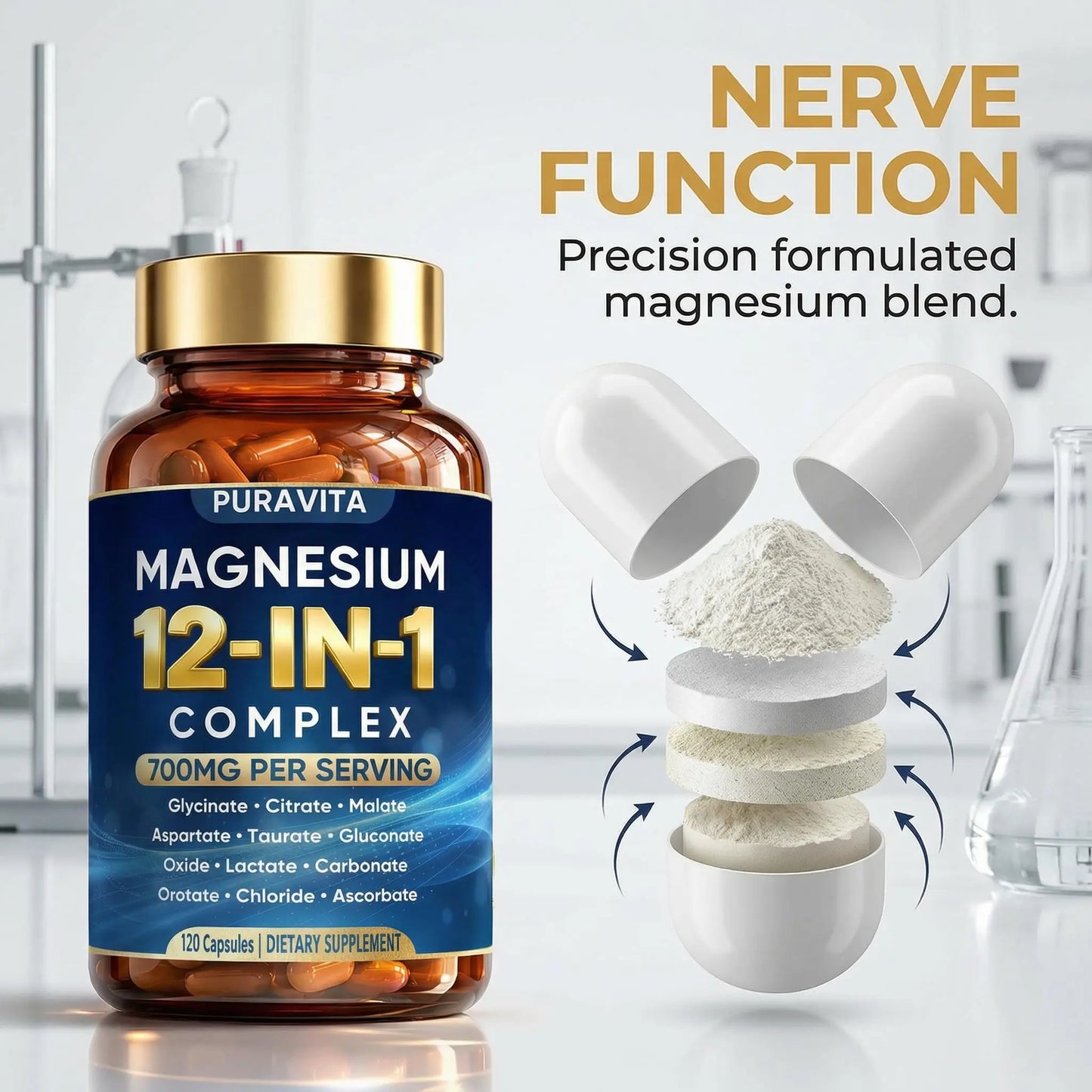 Puravita 12 in 1 Magnesium Complex Capsules - 700mg High Absorption Blend with Glycinate, Citrate, Malate, Oxide & Taurate. Supports Muscle Function, Nerve Health & Relaxation - 120 Capsules (1) PURAVITA buy supplements Au