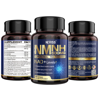 2Pack NAD+ Supplement, Next-Gen NMNH Liposomal 500mg, NR NMN Supplement Alternative, High Absorption NAD+ with Curcumin, Niacinamide for Cellular Energy, DNA Repair, Healthy Aging, 120 Softgels NEVISSBuy Supplements Australia
